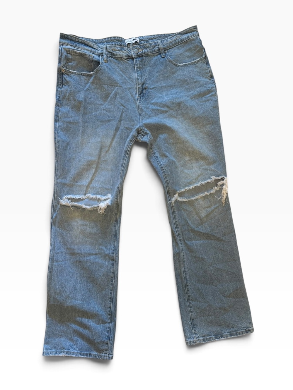 Fashion Nova Men's Light Blue Straight Jeans with Knee Rips